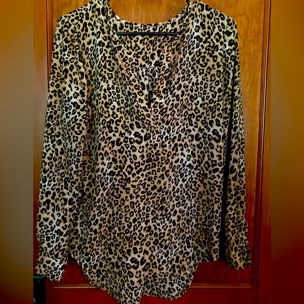 Brown and Black Animal print long sleeve blouse. V neck. Size Medium.
